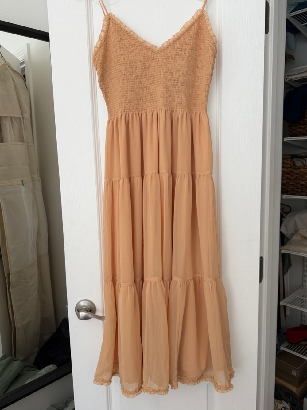 Aritzia Wilfred Peach Smocked Tiered Maxi Dress